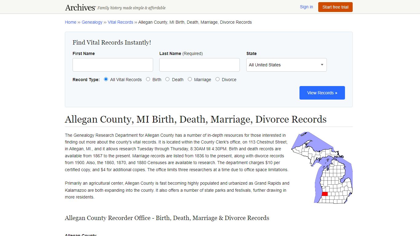 Allegan County, MI Birth, Death, Marriage, Divorce Records